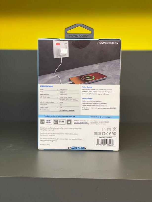 آداپتور شارژر دیواری پاورولوژی مدل PWCUQC052WH ظرفیت ۴۵ وات با تکنولوژی گان